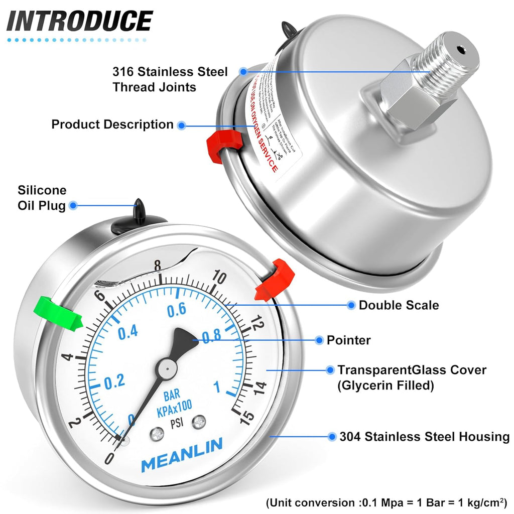 MEANLIN MEASURE 0~15Psi Stainless Steel Liquid Filled Pressure Gauge 2.5" FACE DIAL 1/4" NPT for Water Oil Air Well Pump Tank Tire Pressure Test Back Mount with Stainless Steel Hex Bushing and Snaps