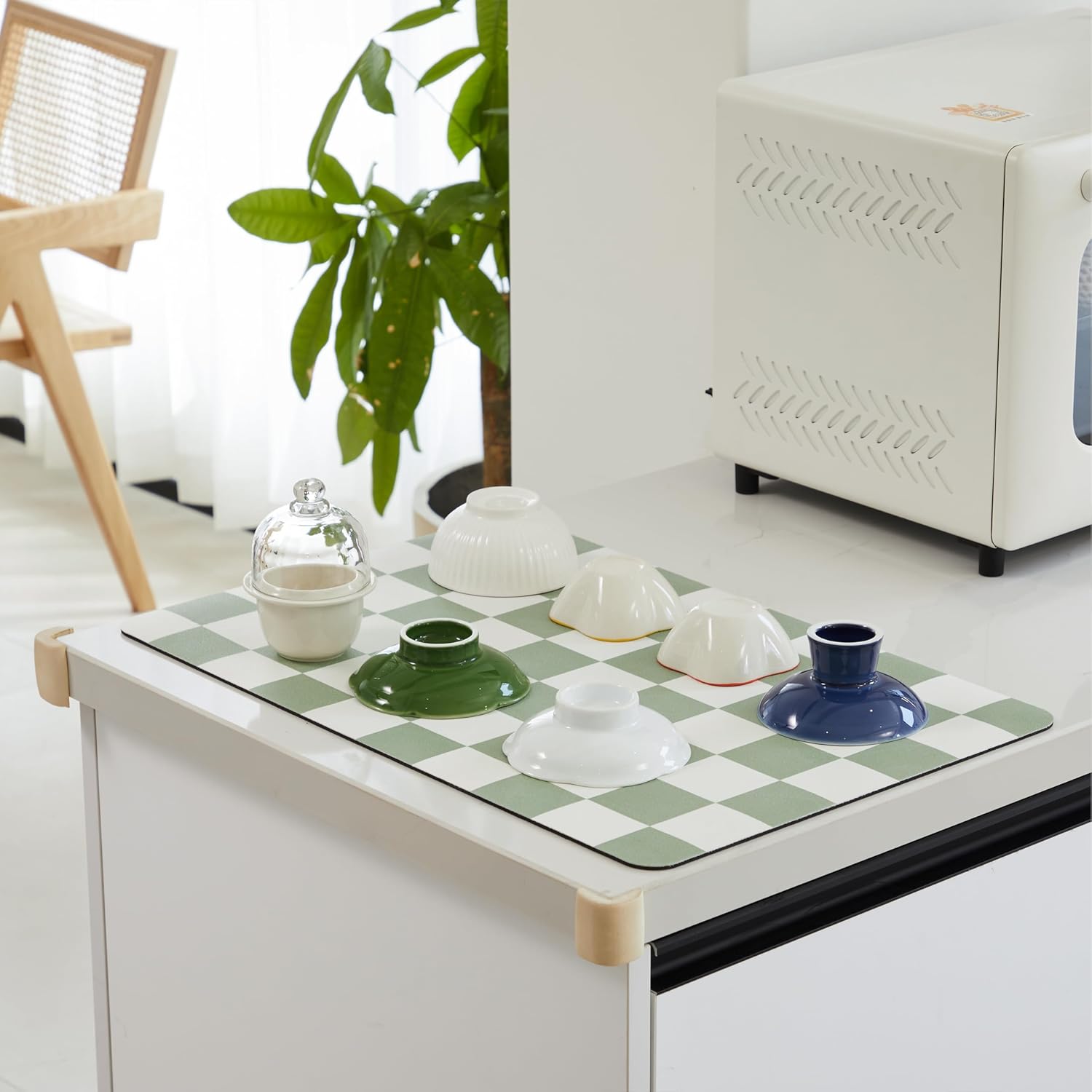 Checkered Dish Drying Mat for Kitchen Counter, Coffee Bar Station Accessories, Retro Cute Aesthetic Modern Absorbent Drainer Mat Kitchen Drying Mat Easy Clean, Sage 16" x 24"