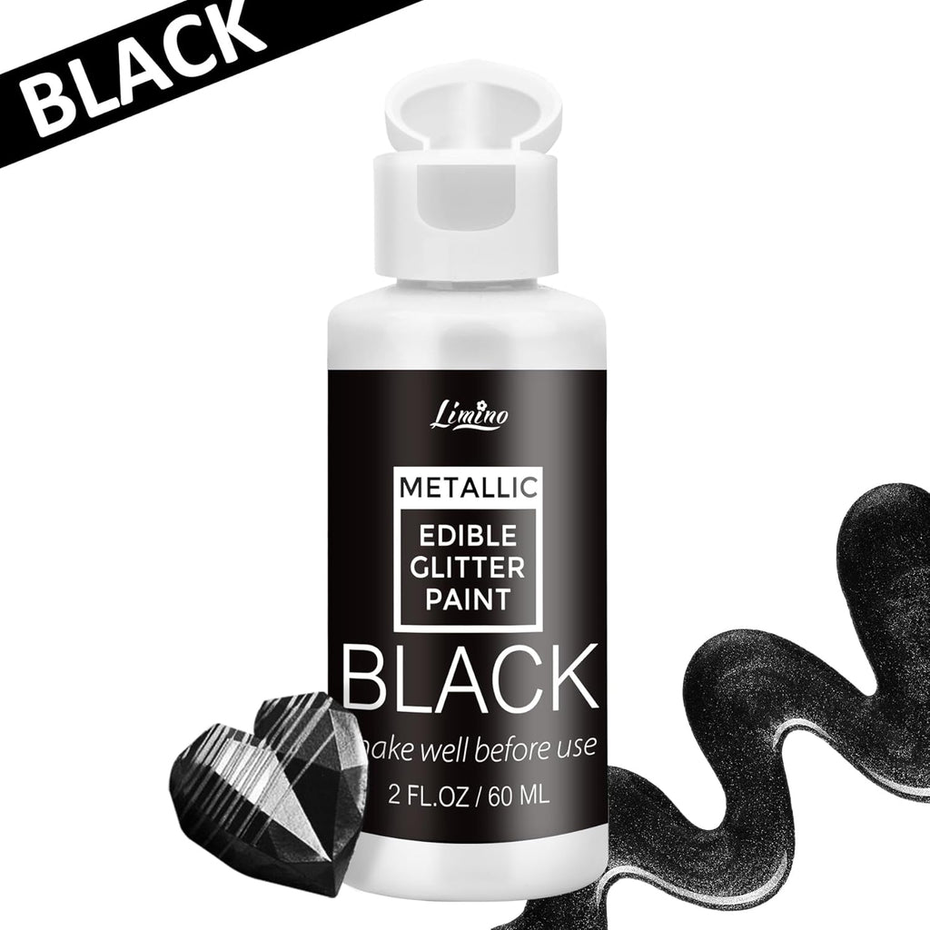 Edible Glitter Paint - 2 fl.oz Food Grade Metallic Glitter Cake Paint for Cake Decorating, Baking, Cupcakes - Shimmer Art Decorative Liquid Edible Paint Food Coloring for Fondant, Donuts (Black)