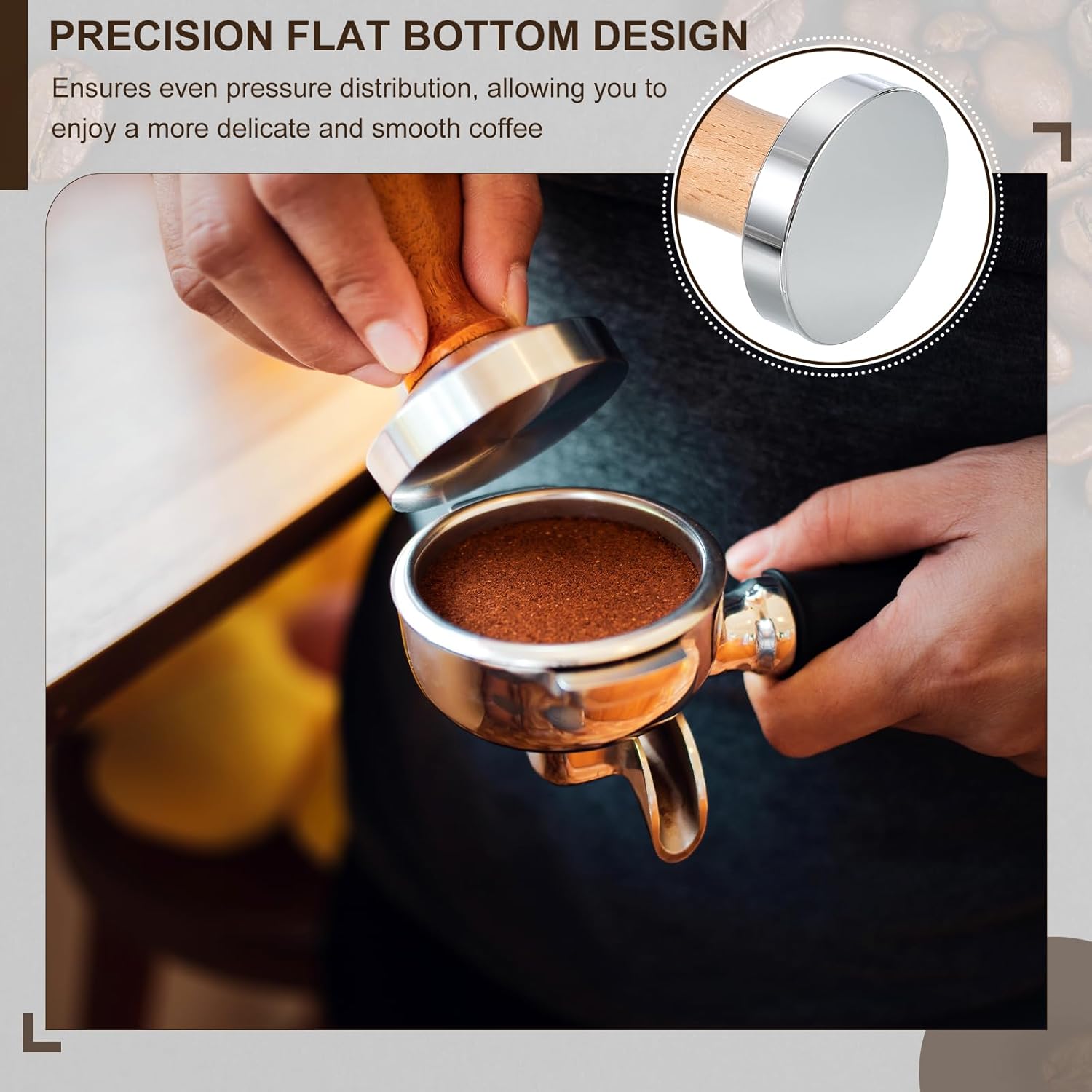 uxcell 53mm Coffee Tamper, Stainless Steel Espresso Press Tamper, Espresso Tamper with Wooden Handle Suitable for Coffee Shop, Restaurant Bar, Bakery (Light Brown)