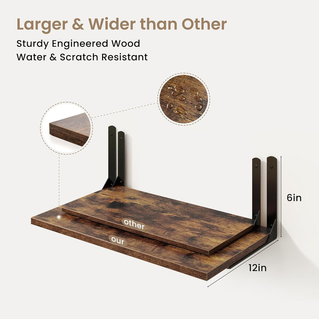 Floating Shelves for Wall, 12 Inch Deep Floating Shelves Set of 2, Wall Mounted Shelf with Metal Brackets, Rustic Wood Wall Shelf for Bathroom, Kitchen and Living Room, Rustic Brown, 24W x 12D