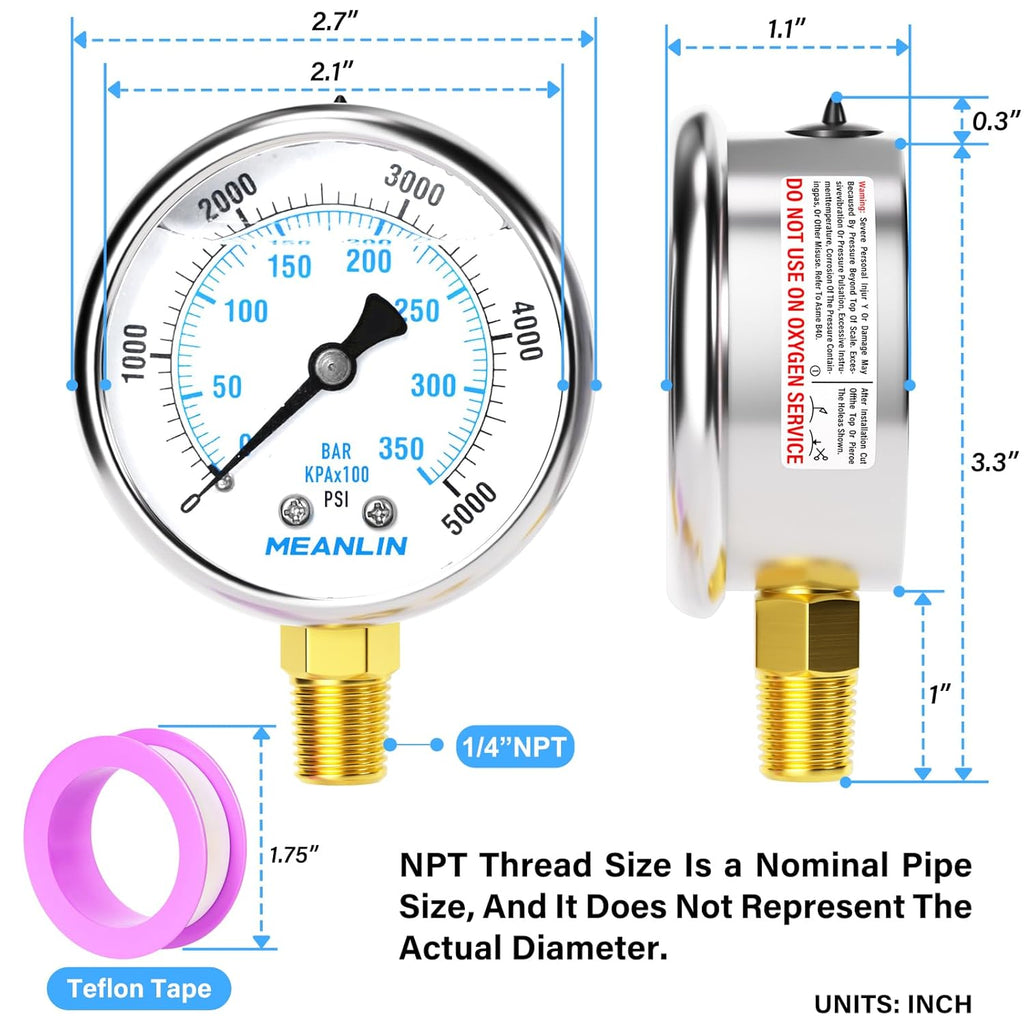 MEANLIN MEASURE 0~5000Psi Liquid Filled Pressure Gauge 1/4" NPT 2.5" FACE DIAL Stainless Steel Glycerin Filled WOG Water Oil Air Lower Mount (with 2PCS Snaps)