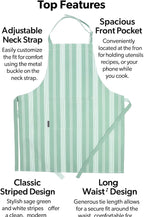 AMOUR INFINI Cotton Striped Aprons for Women with Pockets - Adjustable Strap and Waist Ties Printed Apron for Baking, Cooking, Gardening (27.5 x 33 Inches - Sage Green)