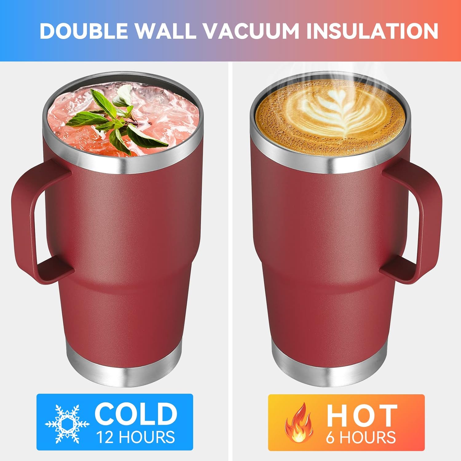 VEGOND 20 oz Tumbler with Handle Lid and Straw, Stainless Steel Insulated Travel Coffee Mug Spill Proof Double Wall Metal Tumbler Cup Keeps Drink Hot and Cold, Wine Red 1 Pack