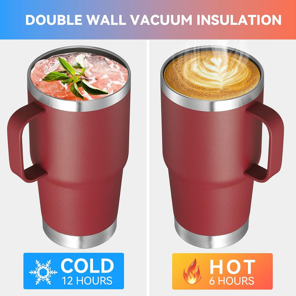 VEGOND 20 oz Tumbler Bulk with Handle Lid and Straw, Stainless Steel Insulated Travel Coffee Mug Set, Spill Proof Double Wall Metal Tumblers Cups, Wine Red 12 Pack