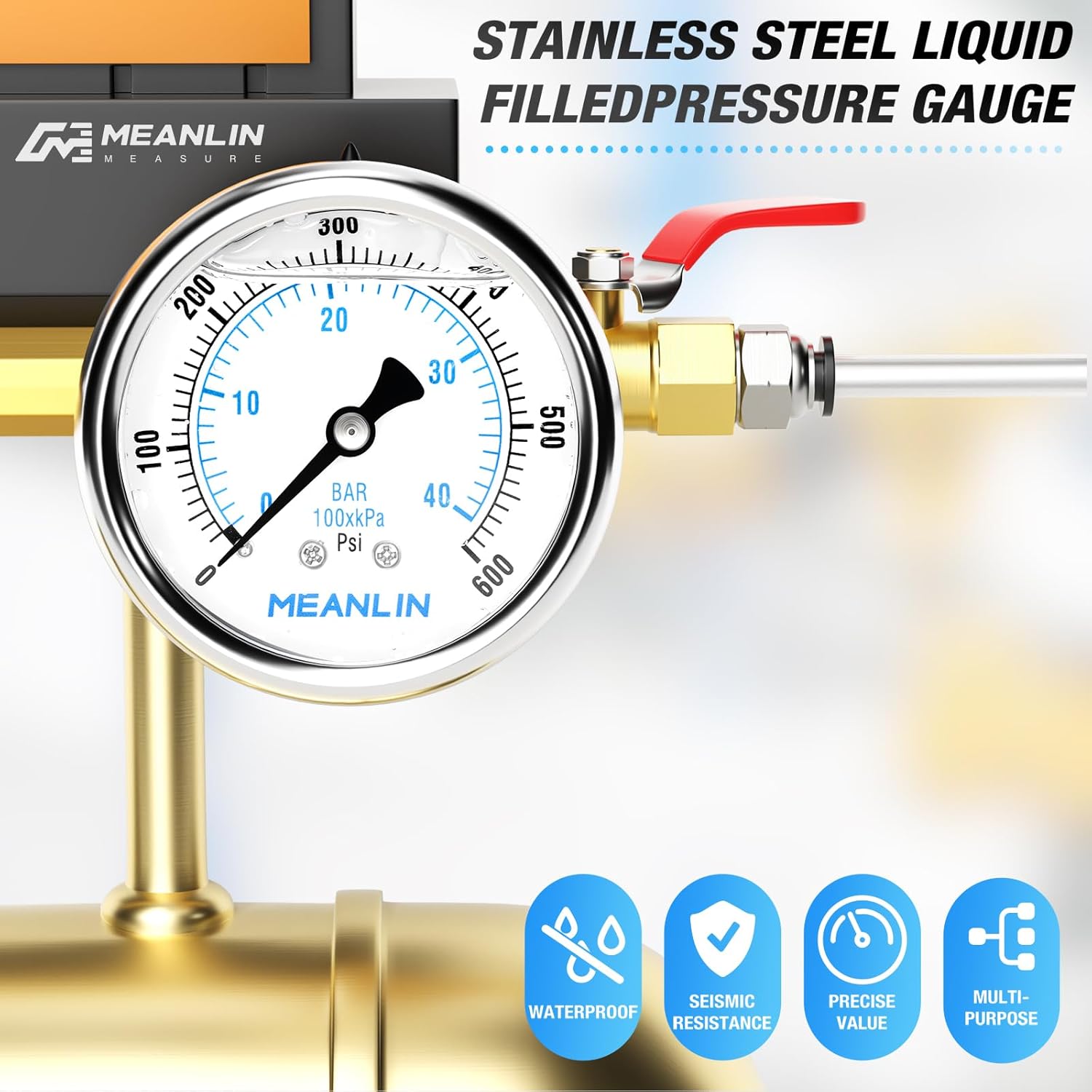 MEANLIN MEASURE 0~600Psi Liquid Filled Pressure Gauge Stainless Steel with 316 Stainless Steel Joint 1/4" NPT 2.5" FACE DIAL for WOG Water Oil Air Center Back Mount