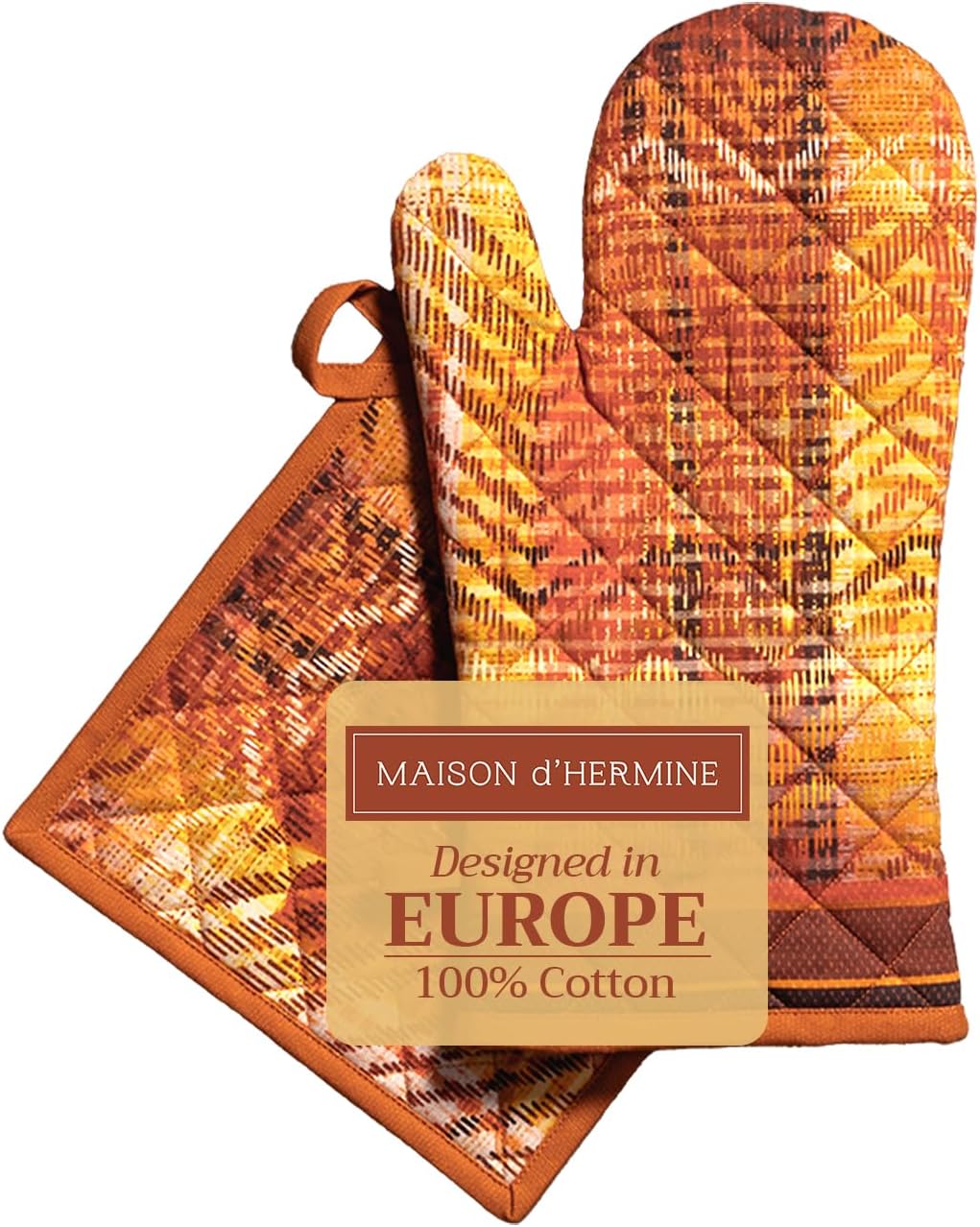 Maison d' Hermine 100% Cotton Oven Mitt & Pot Holder Set (7.5"x13" & 8"x8") Heat Resistant BBQ Cooking Gloves with Loop, Baking, Grilling, Kitchen, Handling Hot Pans (Thanksgiving Tartan)