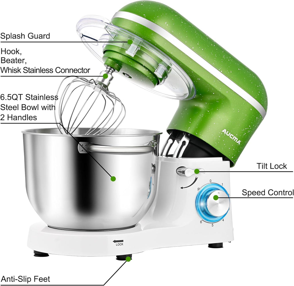 Aucma Stand Mixer,6.5QT 660W 6-Speed Tilt-Head Food Mixer, Kitchen Electric Mixer with Dough Hook, Wire Whip & Beater (Green-White, 6.5QT)