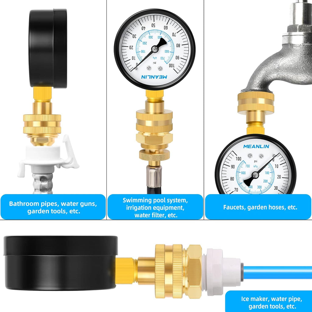 MEANLIN MEASURE 0~100Psi 3/4" Female Water Pressure kit Plus 5 adapters, 2.5" FACE DIAL Multi-Purpose Pressure Gauge kit, Hydraulic Tester,Suitable for Gardens, Water Pipes, etc