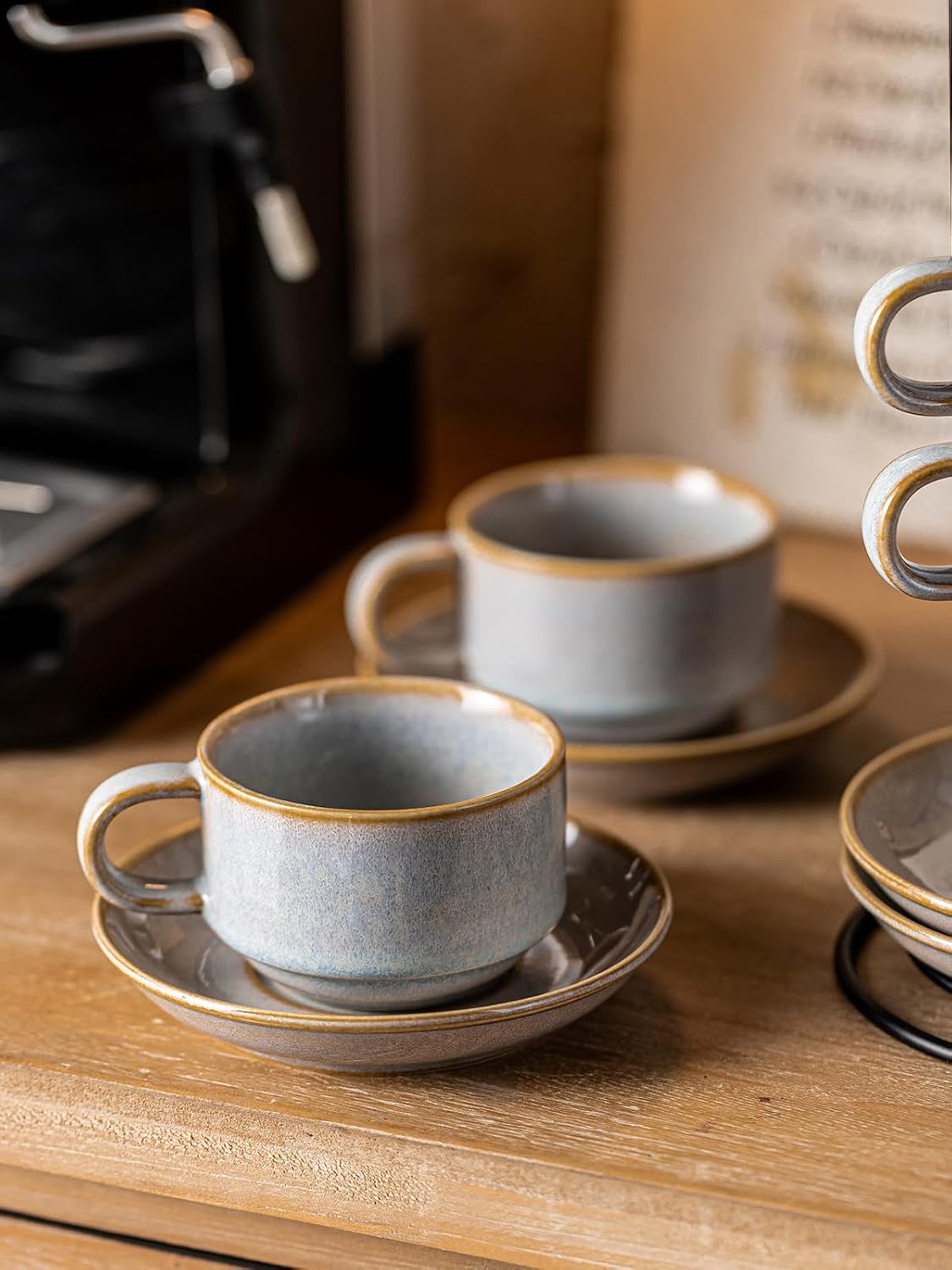 Gomakren 6 Ounce Cappuccino Cups with Saucers and Metal Stand, Stackable Coffee Cup Set of 4, Porcelain Espresso Cups for Coffee Drinks, Cappuccino, Latte, Americano, Tea, Gray