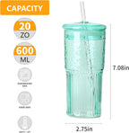 20 OZ Glass Cup with Lids and Glass Straws, High Borosilicate Iced Coffee Glass Tumblers with Lid and Straw for Drinks, 2pcs Reusable Wide Mouth Smoothie Cup(Cyan)