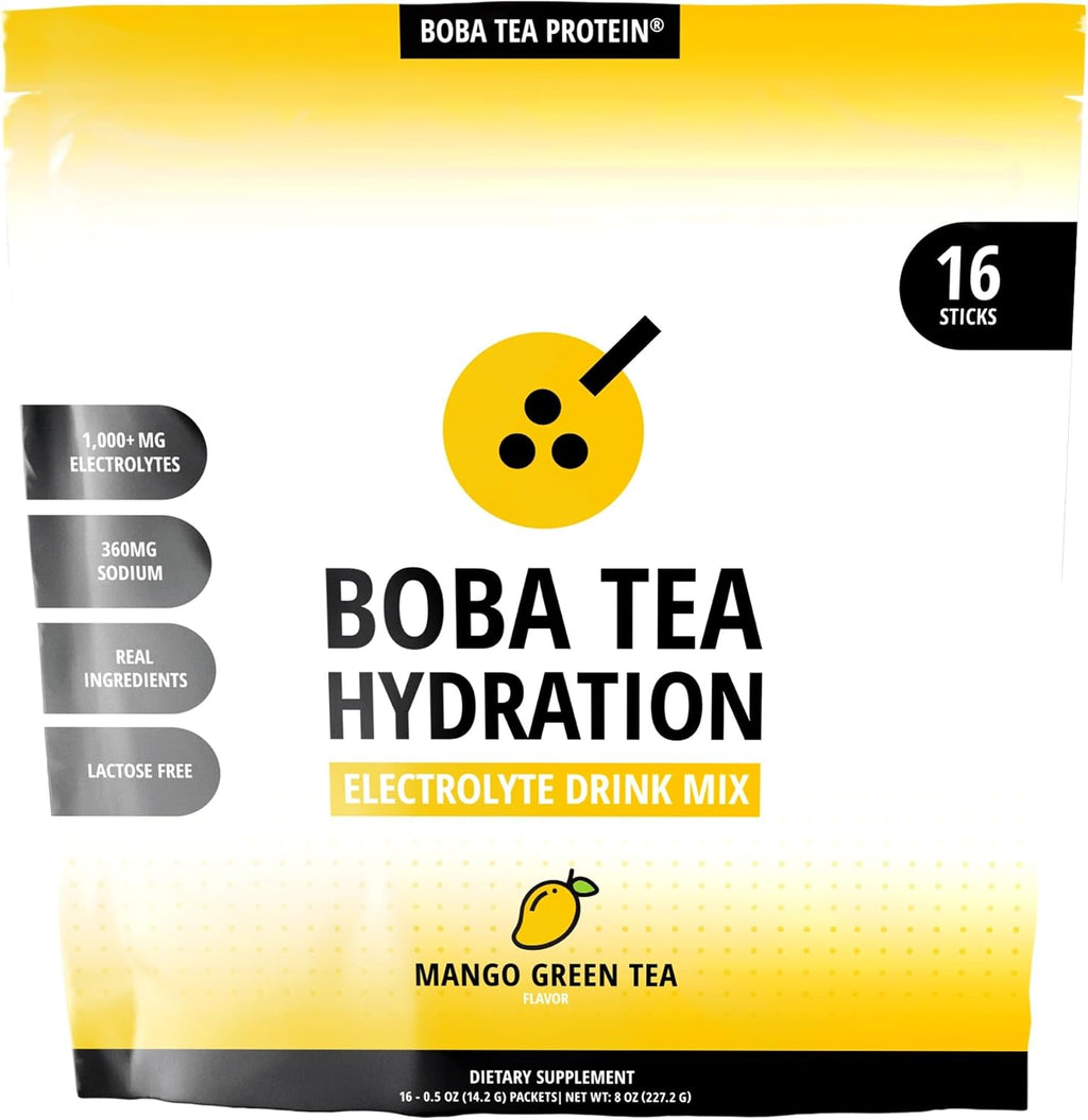 Boba Tea Hydration | Electrolyte Powder Drink Mix | Mango Green Tea | 1000mg Electrolytes, Vitamin C | 16 Stick Packets