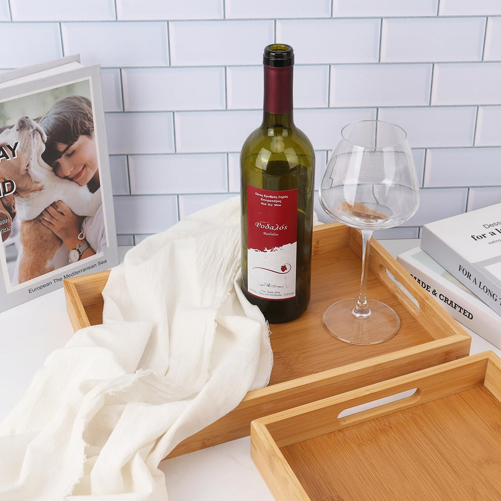 2 Pack Large Bamboo Serving Tray with Handles, 16 x 11.6 Inch and 14 x 10 inch Wooden Dinner Tray, Home Kitchen Breakfast Trays for Living Room Bedroom Kitchen Dinner Table, Picnic