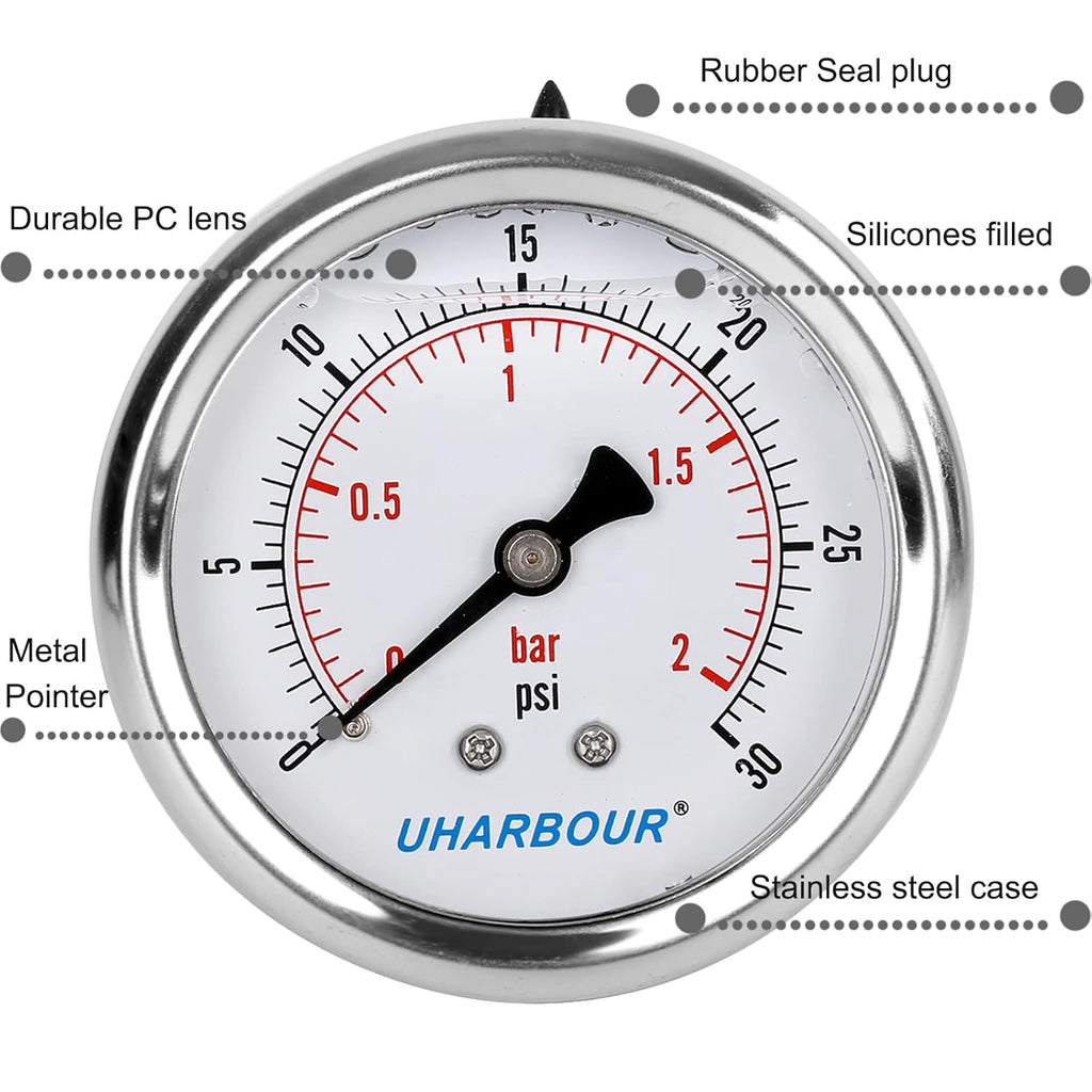 Glycerin Filled Low Pressure Gauge 30psi/2bar, Stainless Steel case, Brass Inside Construction, 2-1/2" dial, 1/4" NPT Back Connection…