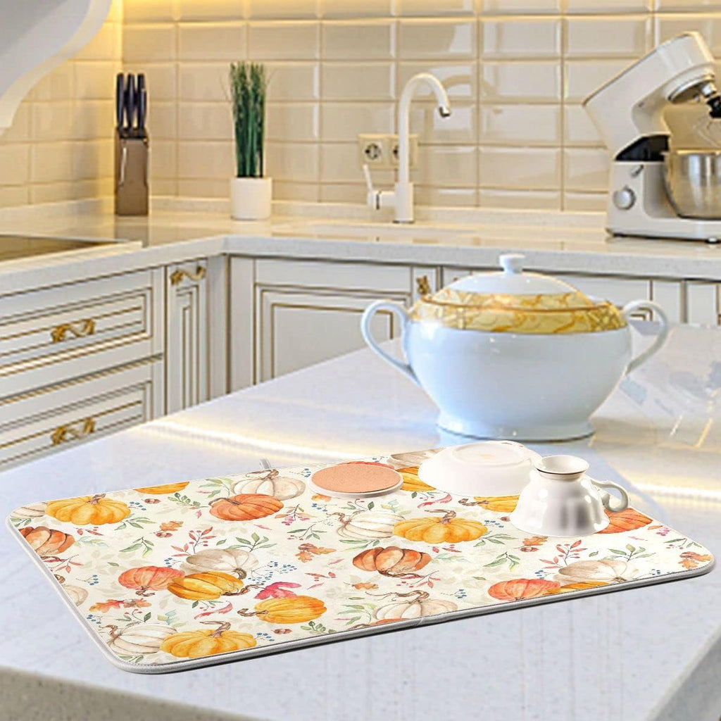Autumn Fall Dish Drying Mat for Kitchen Counter Watercolor Pumpkin Maple Leaf Drying Mat 18 x 24 Inch with Absorbent Reversible Microfiber Dish Drying Pad Dish Rack Drainer Mats for Coffee Bar