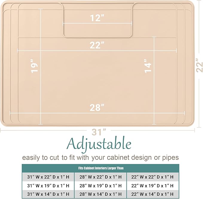 The Original Under Sink Mat - Silicone Waterproof mat, Adjustable, Easy to Clean, Kitchen cabinet liner, Disinfection Surface - 34" x 22" or smaller (Beige, 31" x 22")
