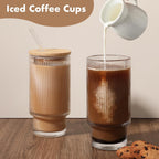 Glass Cups with Bamboo Lids and Straws - 16 oz Iced Coffee Cups, Vintage Ribbed Drinking Glasses, Tumbler for Juice, Beer, Coffee, Milk, Cocktail, Water (2 Pack)