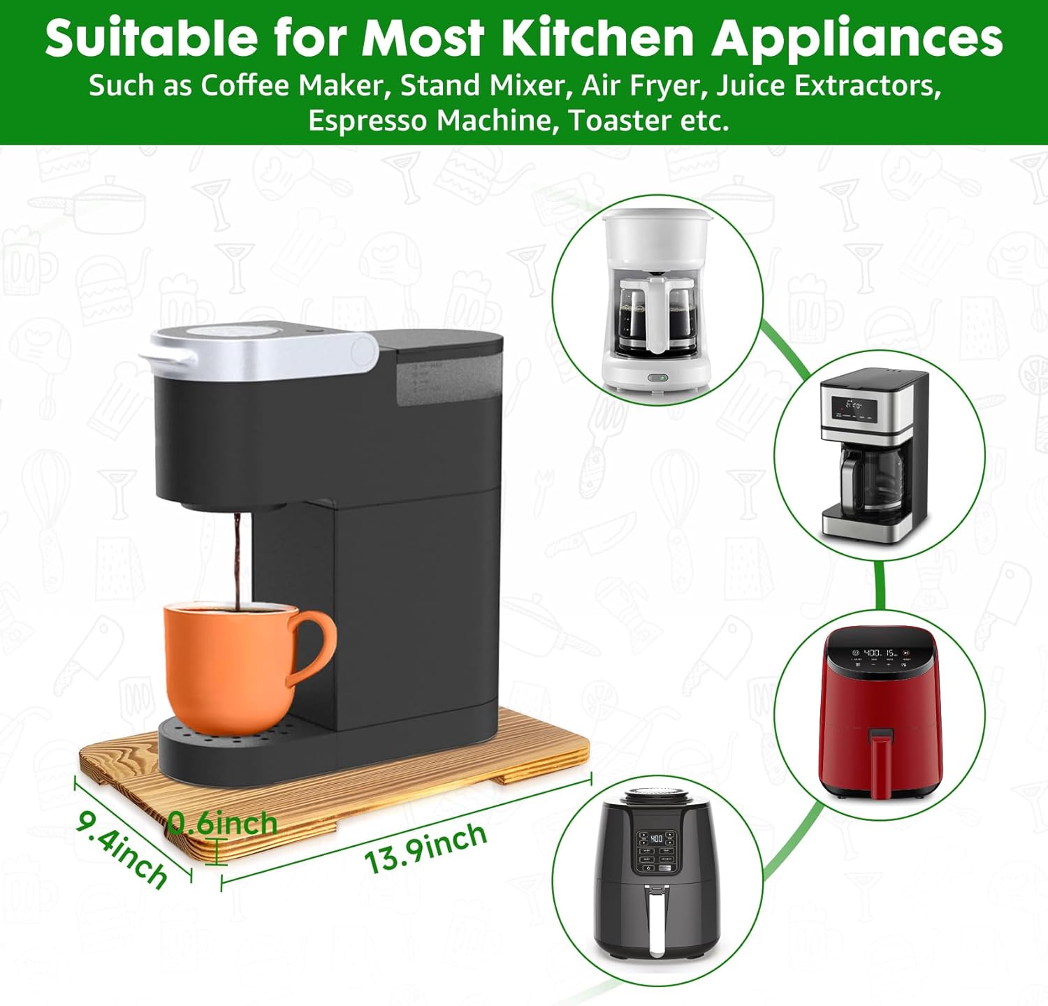 Appliance Slider 360° Rolling Tray for Coffee Maker- Wood Coffee Pot Slider Tray Countertop Rotation Sliding Tray with Wheels, Small Appliances Mat (Small 13.9"×9.4")