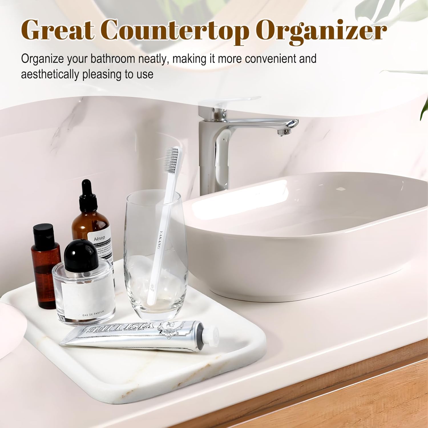 Koville Marble Tray, 12"x8" Marble Vanity Tray for Bathroom Kitchen Countertop, Rectangular Stone Tray for Cosmetics Perfume Trinket, Decorative Catchall Trays (Golden Calacatta)