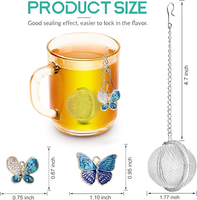 Tea Steeper for Loose Tea 2pcs NSTaygate Tea Infuser with Charm Handmade Cute Butterfly BFF Pendant, Tea Strainers for Loose Tea 304 Stainless Steel Tea Ball for Brew Tea