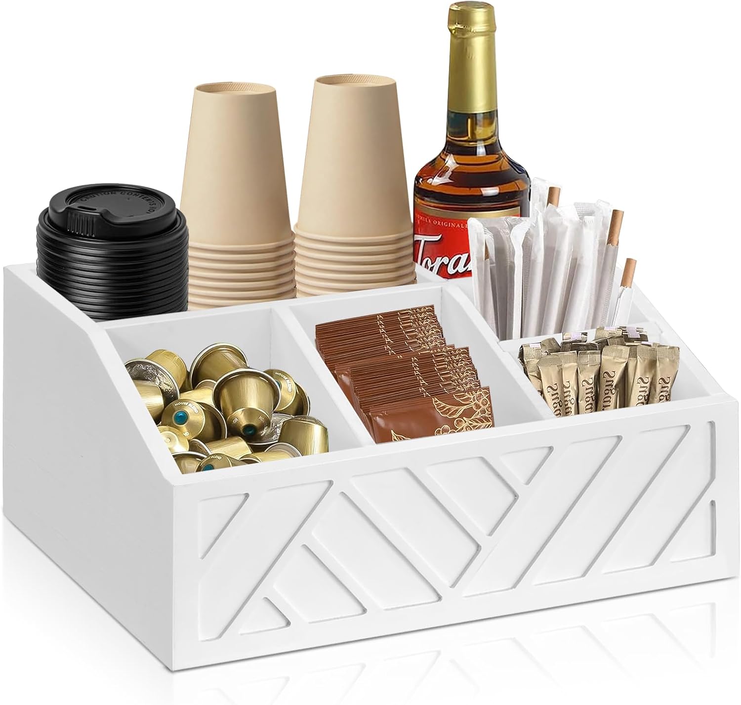 Wood Coffee Station Accessories - Coffee Bar Decor Organizer, Pod Syrup Holder, Condiment Organizer for Countertop (White)