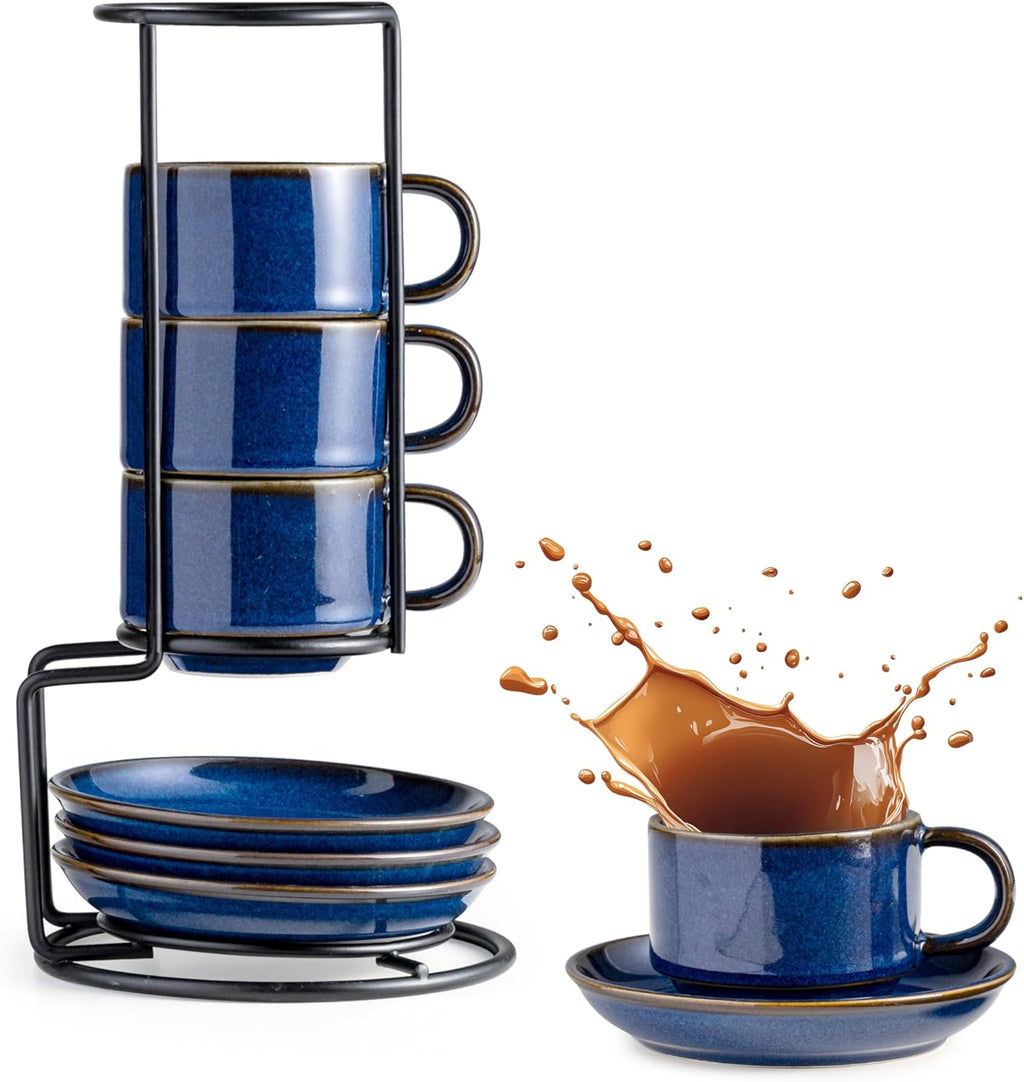 Gomakren 2.5 Ounce Espresso Cups Set of 4, Small Stackable Coffee Cups with Saucers and Metal Stand, Porcelain Demitasse Cups for Specialty Coffee Drinks, Espresso, Cappuccino, Latte, Tea, Cobalt Blue