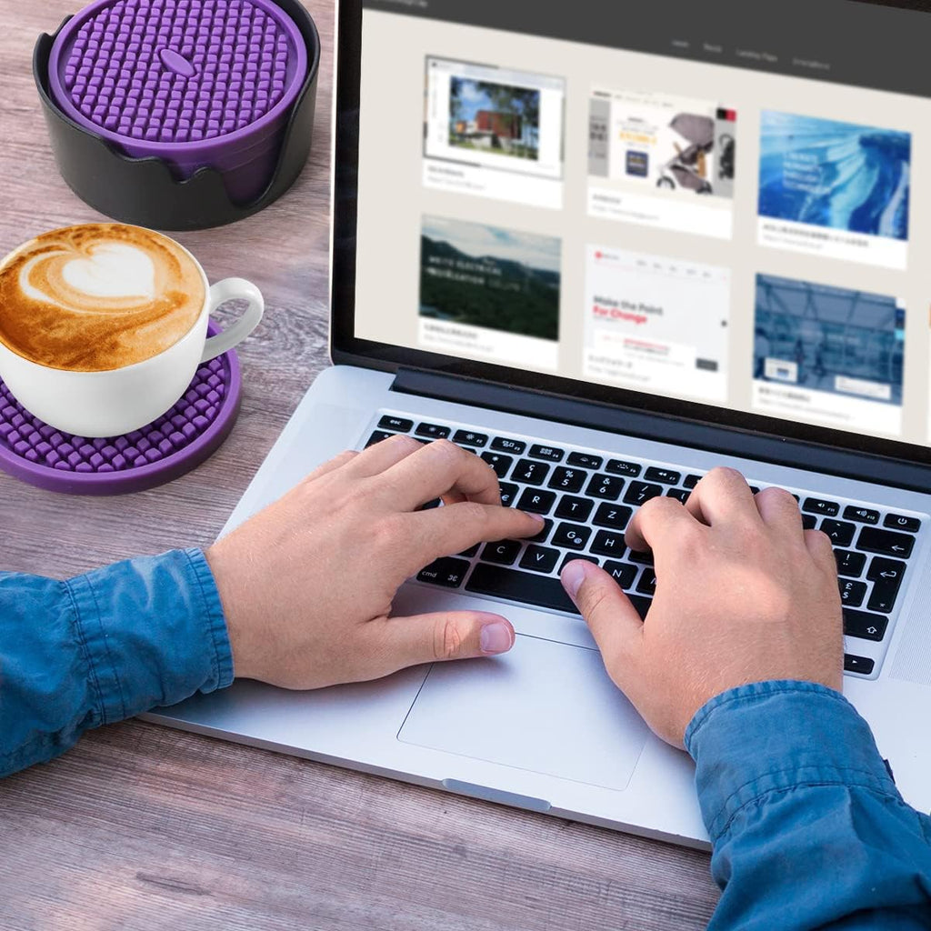 ME.FAN Silicone Coasters [6 Pack] Thickened Drink Coasters with Holder - Cup Mat - Non-Slip, Non-stick, Stay Put, Deep Tray - Prevents Furniture and Tabletop Damages(Navy Blue)