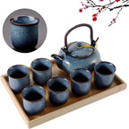 DUJUST Japanese Tea Set for 6, Kiln Altered Glaze Porcelain Tea Set with 1 Teapot, 6 Tea Cups & 1 Tea Tray, Unique Chinese Tea Sets for Adults/Tea Lovers/Women/Men, Blue