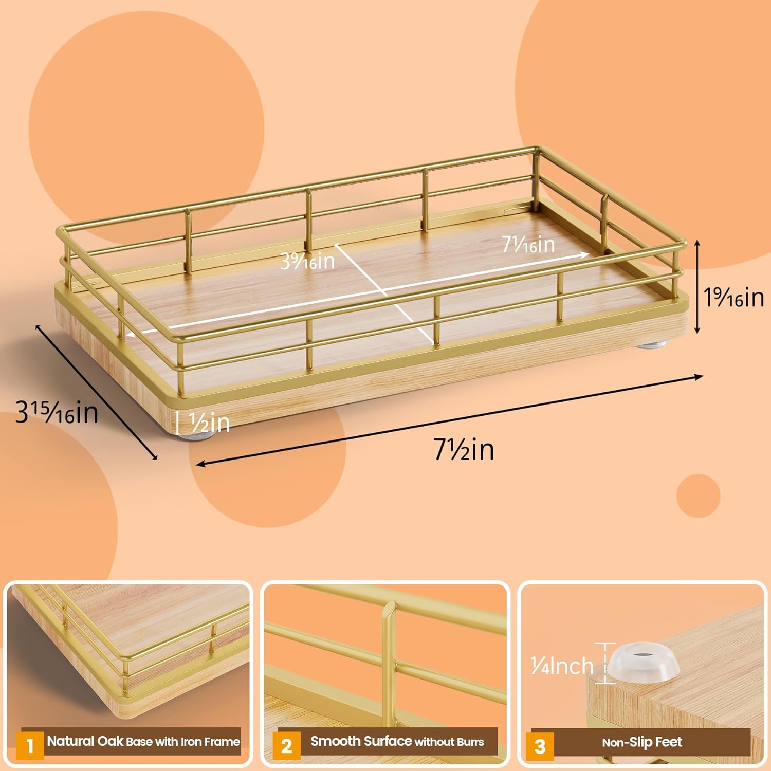 Wooden Decorative Tray, Oak 7.5" L Coffee Table Tray for Kitchen Countertop Soap Sponge Holder for Dresser Perfume Jewelry Candle Nightstand Table Centerpieces for Dining Room Decor Natural