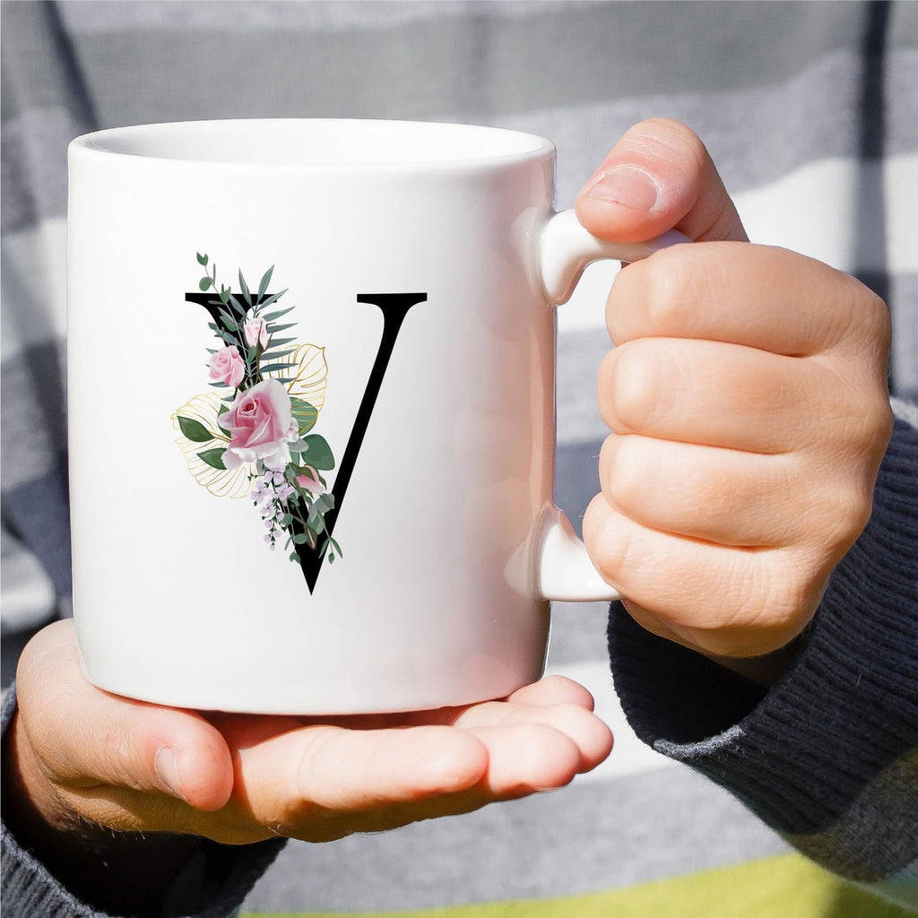 Retreez Initial A-Z Floral Botanical Bouquet Alphabet Monogrammed Monogram Mug 11 Oz Ceramic Tea Coffee Mugs - Appreciation Thank You Wedding Birthday Gifts for her friend coworker sister - V Initial