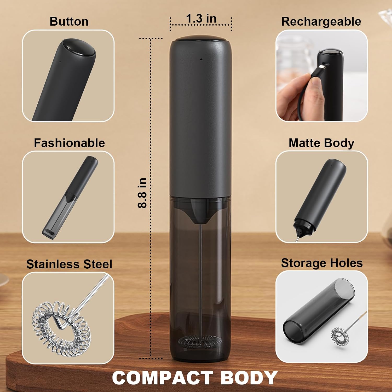 Rechargeable Milk Frother with Cover, Easy to Carry Drink Mixer Handheld, Electric Frother Wand for Coffee, Latte, Cappuccino, Frappe Drink, Hot Chocolate, Black