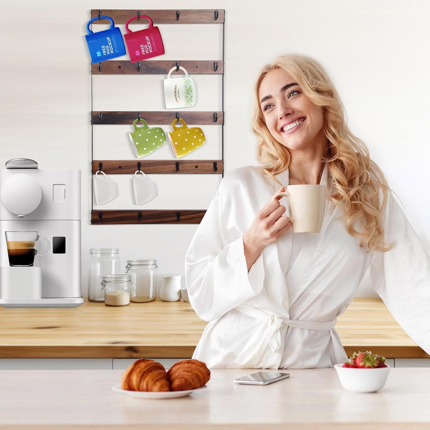 Wall Mounted Coffee Mug Holder, Large 5 Tier Shelf with 20 Hooks for Cups, Rustic Wooden Display Rack for Kitchens, Homes and Bars (Walnut)