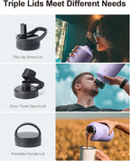 BUZIO 64 oz Water Bottle Insulated with Straw & 3 lid and Carrying Pouch, Leak Proof Half Gallon Stainless Steel Water Flask Jug, Cold for 48 Hrs Double Vacuum Thermo Canteen, BPA-Free, Purple