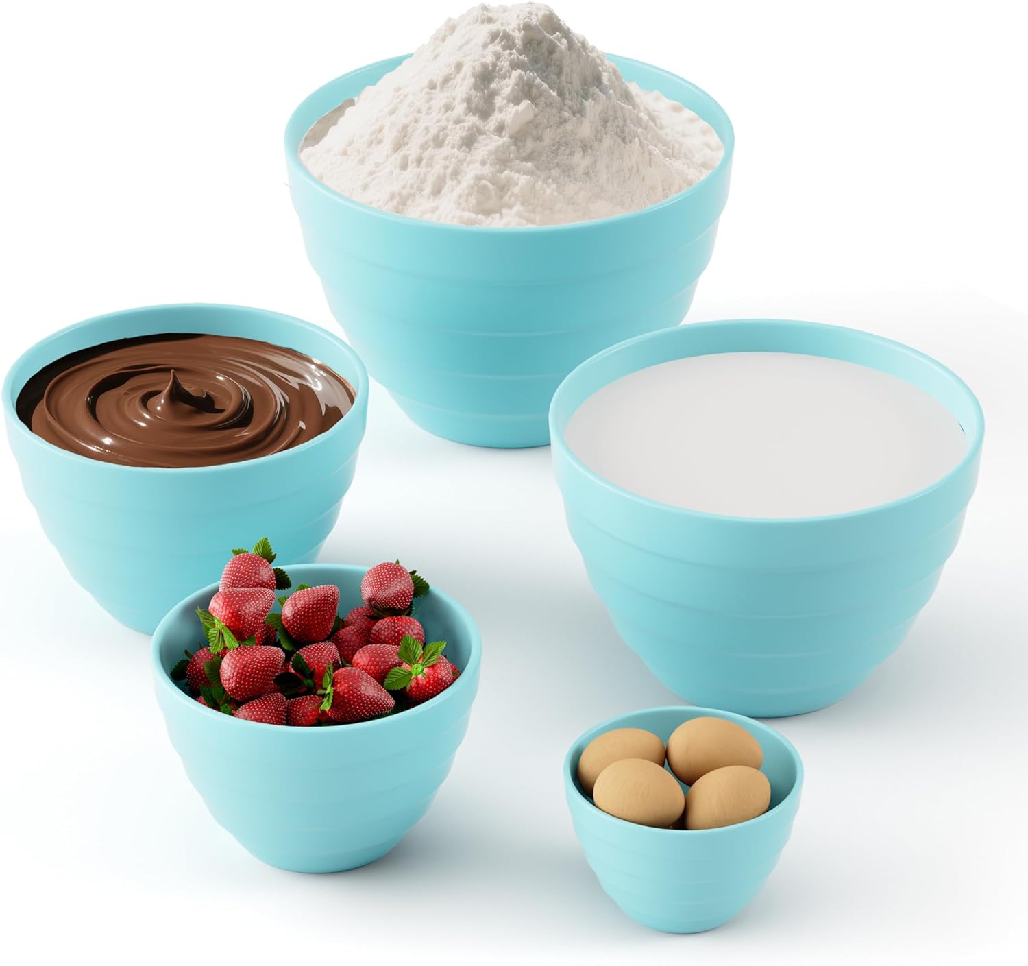 TP Mixing Bowls with Lids, 10-Piece Nesting Melamine Bowls Set for Prepping Serving Baking Cooking, Non Slip Bottom, Set of 5, Teal