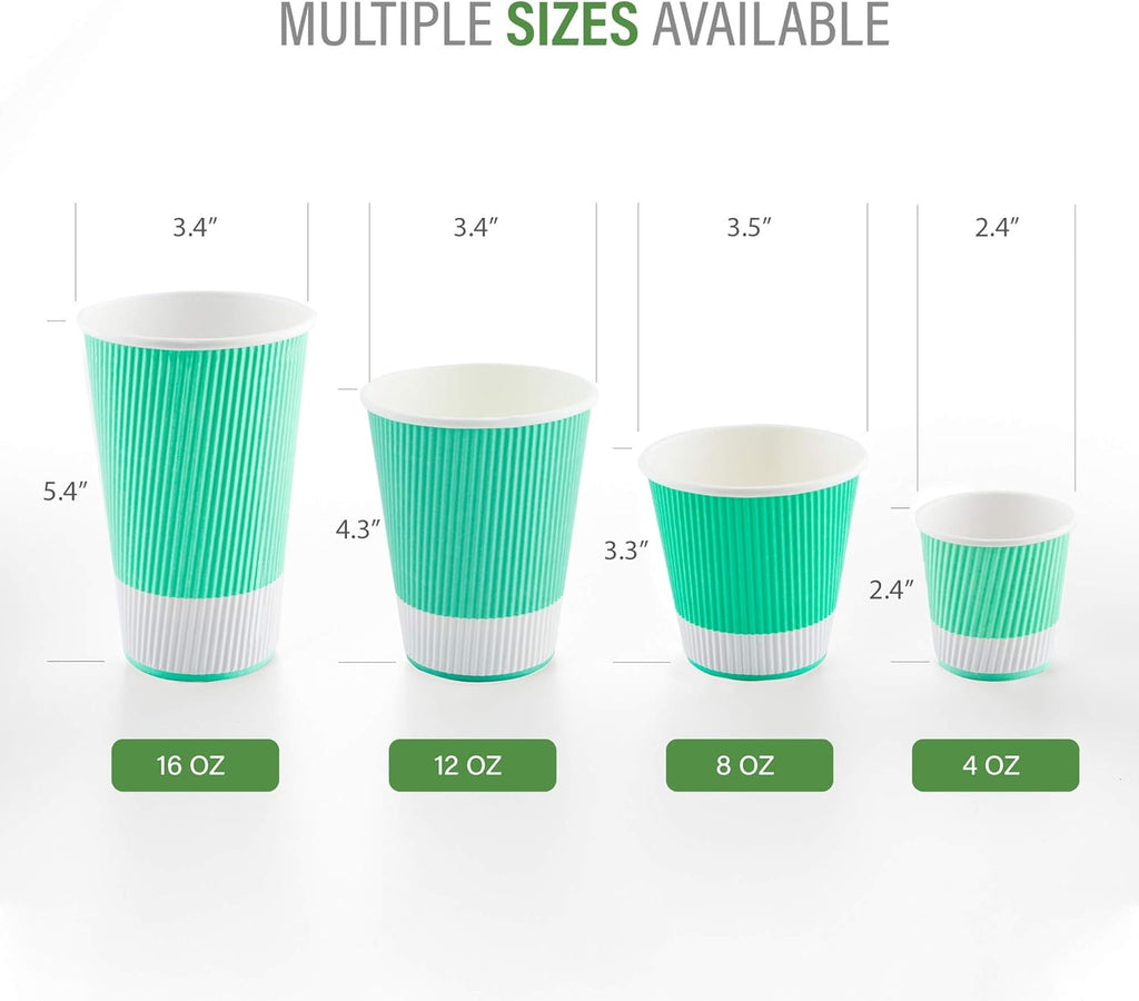 Restaurantware 8 Ounce Double Wall Disposable Coffee Cups, 500 Insulated Light Green Paper Tumblers Ripple Wall Design, Lids Sold Separately for Hot Drinks like Tea, Hot Chocolate and More