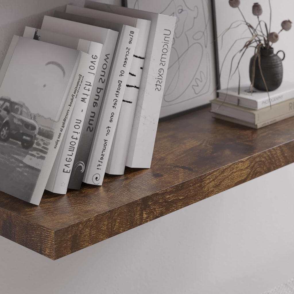 Floating Shelf, Set of 1 Wall Shelf, 24 in W x 12.75 in D x 2 in H Wooden Floating Wall Shelf with Invisible Brackets for Living Room/Bedroom/Bathroom/Kitchen Storage and Decor, Rustic Brown