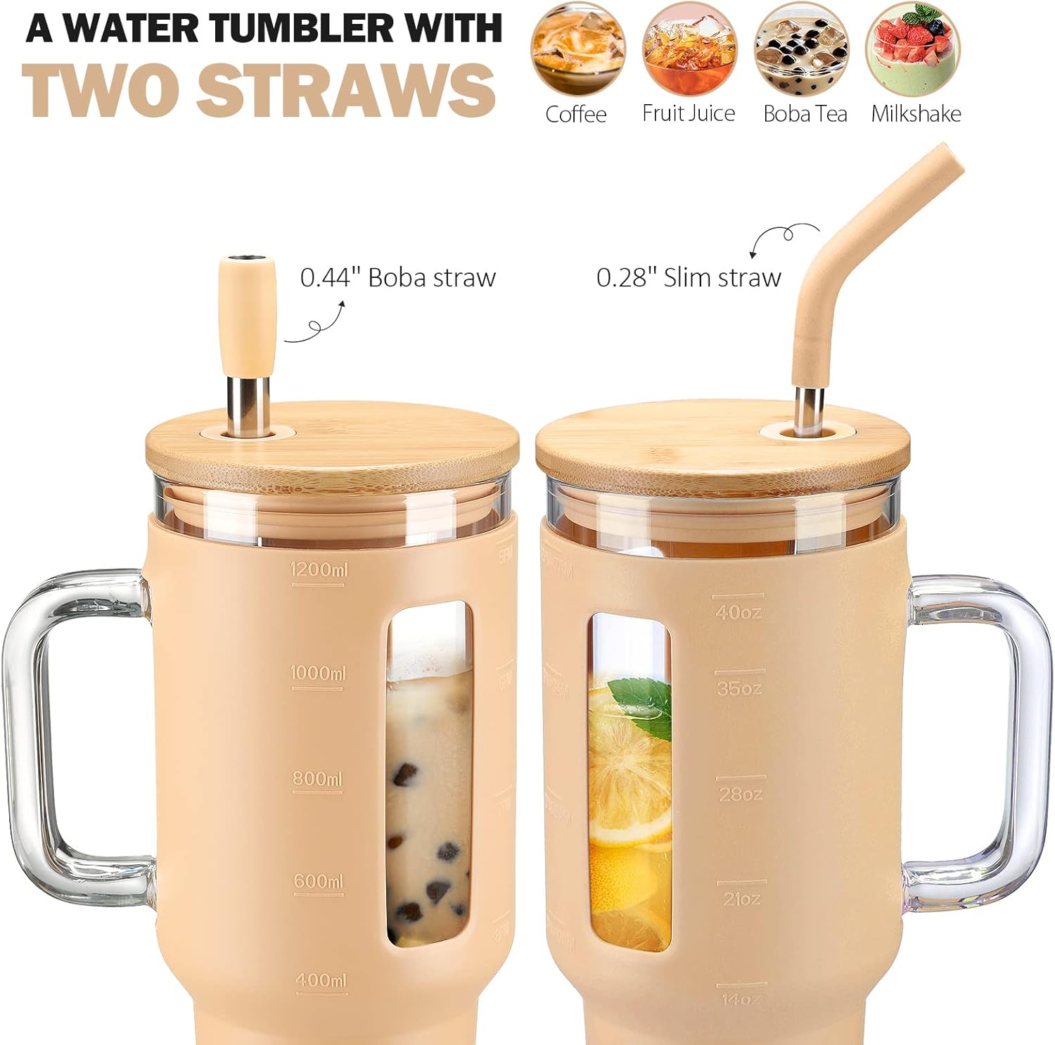 Kodrine 40 oz Glass Tumbler with Handle, Iced Coffee Tumbler with Straw and Bamboo Lid, Glass Drinking Cup with Silicone Sleeve Time Marker, Water Bottle Dishwasher Safe, Cup Holder Friendly, Amber