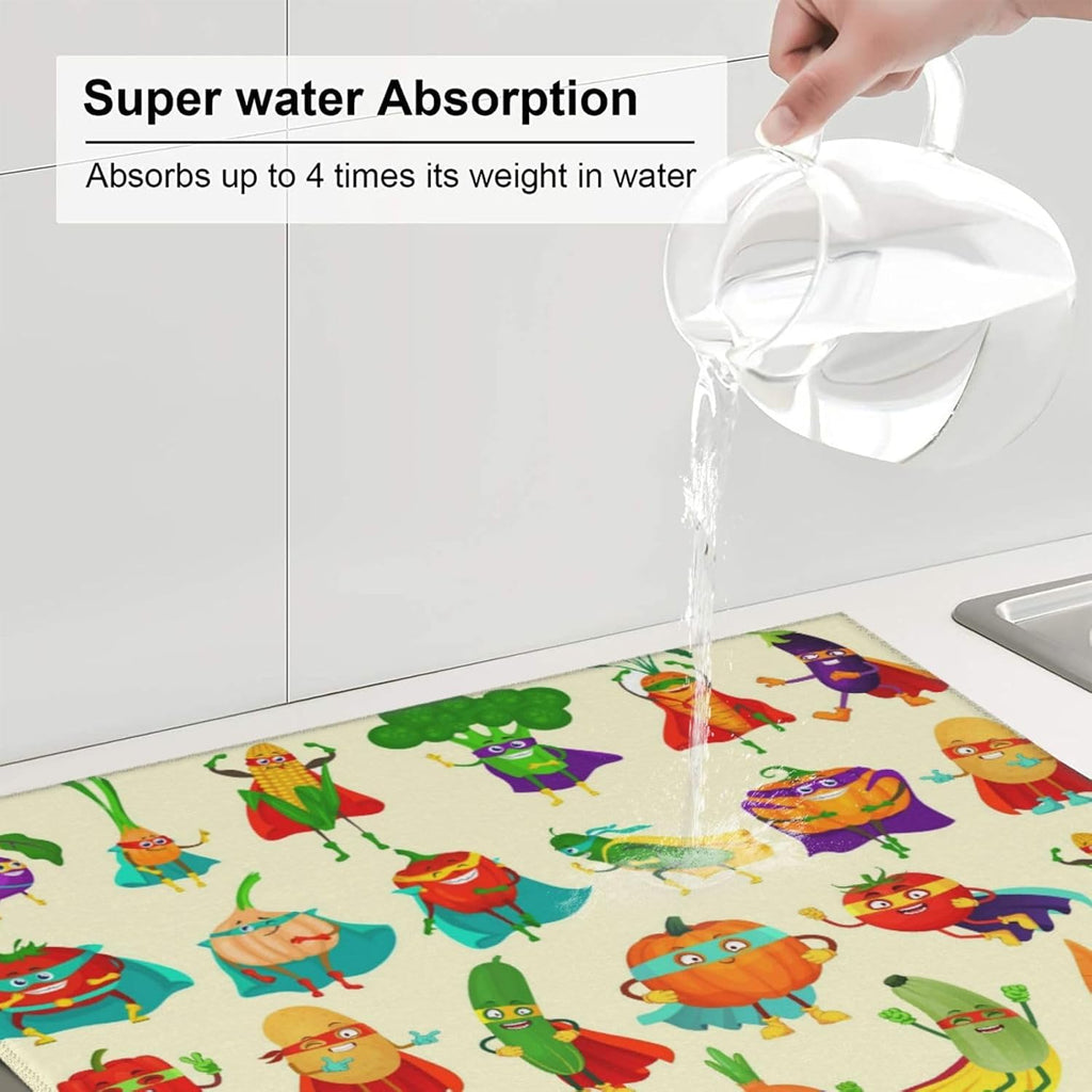 Vegetable Superhero Cartoon Dish Drying Mats for Kitchen Counter, Absorbent Microfiber Cute Drying Pad for Dishes, Decorative Kids Kitchen Mat for Sink, Dishes Utensils, Dining Area, 16" x 18"