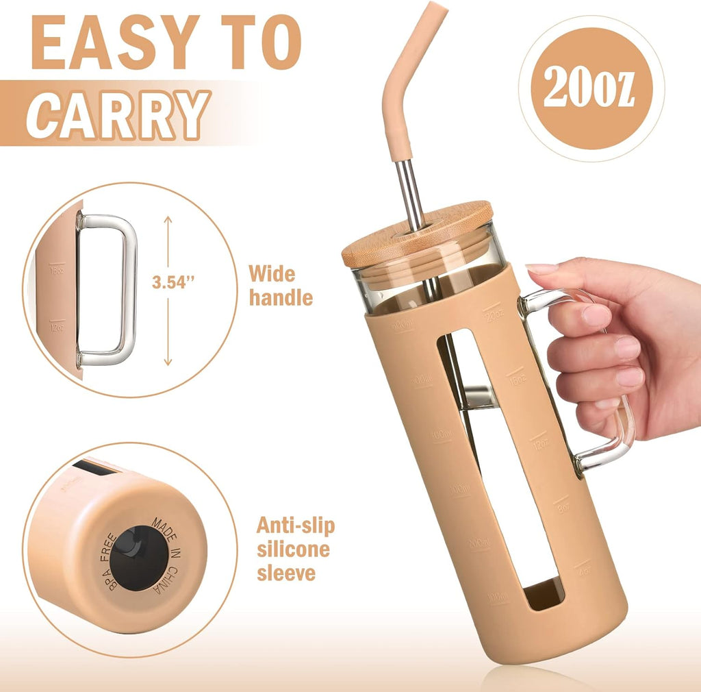 Kodrine Glass Tumbler with Lid and Straw, 20 oz Glass Coffee Tumbler with Handle, Smoothie Cup with Bamboo Lid, Time Marker, Silicone Sleeve, Reusable Iced Coffee Cup BPA Free - Amber Purple