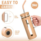 Kodrine Glass Tumbler with Lid and Straw, 20 oz Glass Coffee Tumbler with Handle, Smoothie Cup with Bamboo Lid, Time Marker, Silicone Sleeve, Reusable Iced Coffee Cup BPA Free - Amber Purple