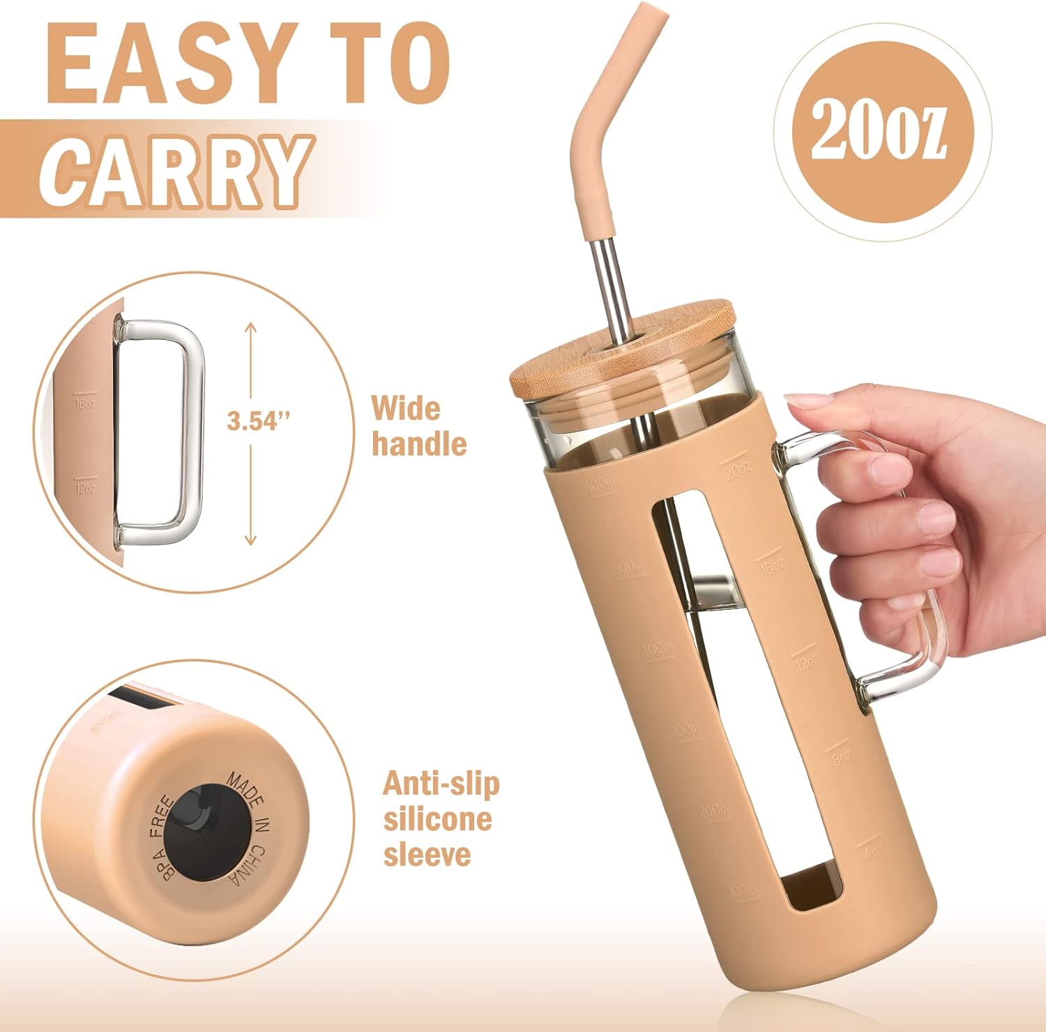 Kodrine Glass Tumbler with Lid and Straw, 20 oz Glass Coffee Tumbler with Handle, Smoothie Cup with Bamboo Lid, Time Marker, Silicone Sleeve, Reusable Iced Coffee Cup BPA Free - Amber Purple