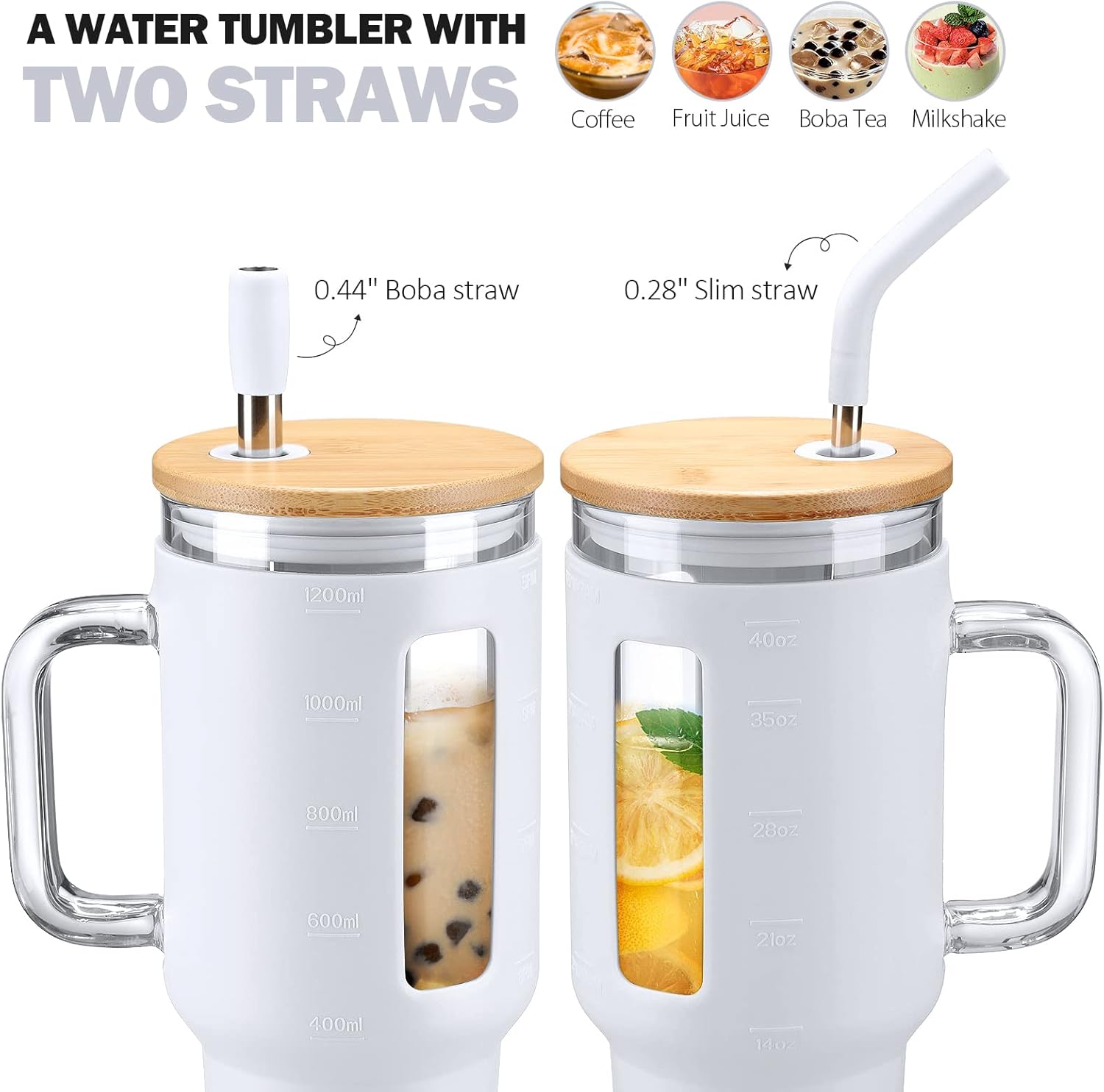 Kodrine 40 oz Glass Tumbler with Handle, Iced Coffee Tumbler with Straw and Bamboo Lid, Glass Drinking Cup with Silicone Sleeve Time Marker, Water Bottle Dishwasher Safe, Cup Holder Friendly, White