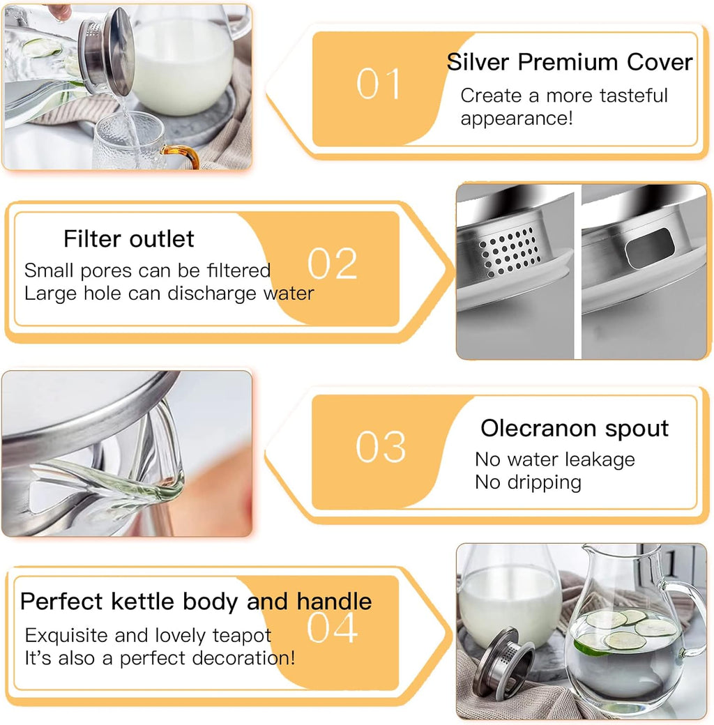 84.5oz Borosilicate Glass Teapot with 304 Stainless Steel Lid & Built-in Strainer, Stovetop & Microwave Safe Tea Kettle for Loose Leaf/Iced/Fruit/Herbal Tea, 2500ml Clear Pot