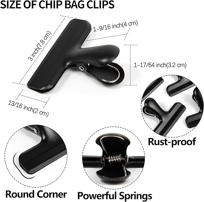 6 Pack Heavy-Duty Stainless Steel Chip Clips，3" Wide Air Tight Bag Clips for Food，Air Tight Seal Food Bag for Kitchen & Home (Matte Black)