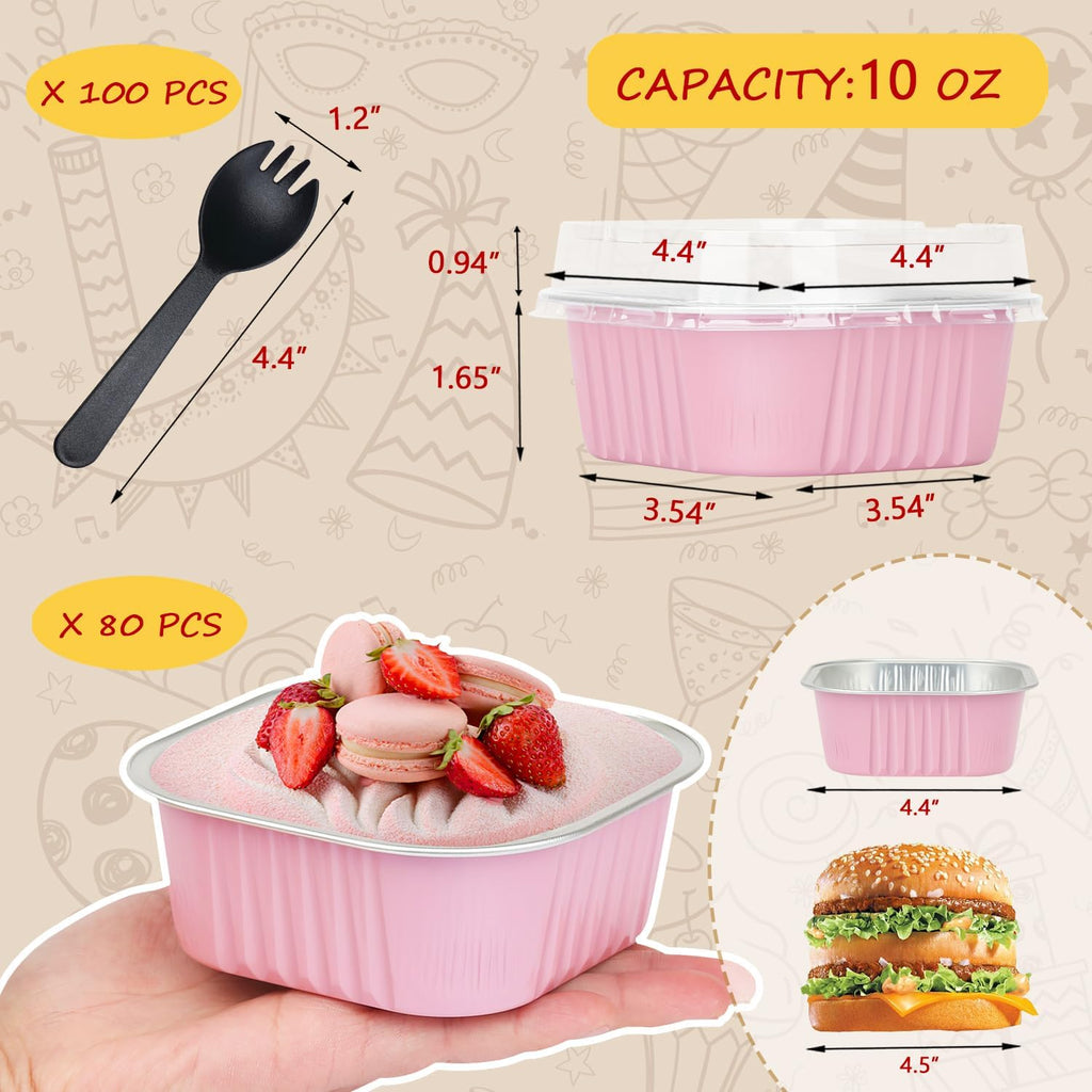 10oz/80pack Mini Cake Foil Pans with Lids,LNYZQUS 4”x4” Large Cupcake Pan Disposable Ramekins,Small Brownie Baking Cups Square Muffin Tin Cheesecake Containers Holders-Pink