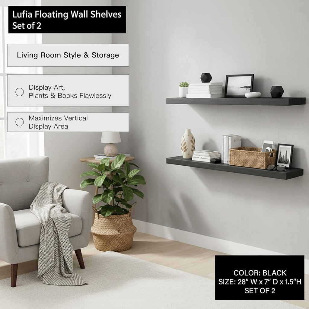 Lufia Floating Wall Shelves, Set of 2, MDF with Invisible Brackets, Modern Storage for Bedroom, Bathroom, Living Room, Kitchen (Black, 28" W X 7" D X 1.5" H)