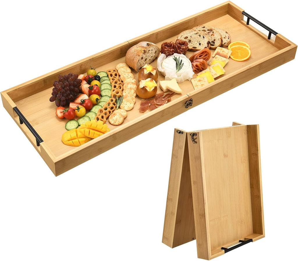 Large Charcuterie Board with Handles, 32 x 12 Inch Foldable Bamboo Serving Cheese Boards - Serving Platter for Meat, Party Appetizers, Outdoor & Fruit
