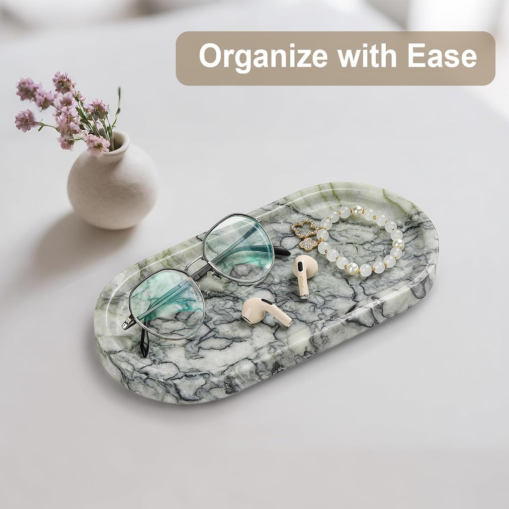 Natural Marble Vanity Tray - Moujings Genuine Marble Perfume Tray for Bathroom Decor, Stone Bathroom Vanity Organizer Tray for Kitchen Counter, Candles, Jewelry, Coffee, Makeup, Key