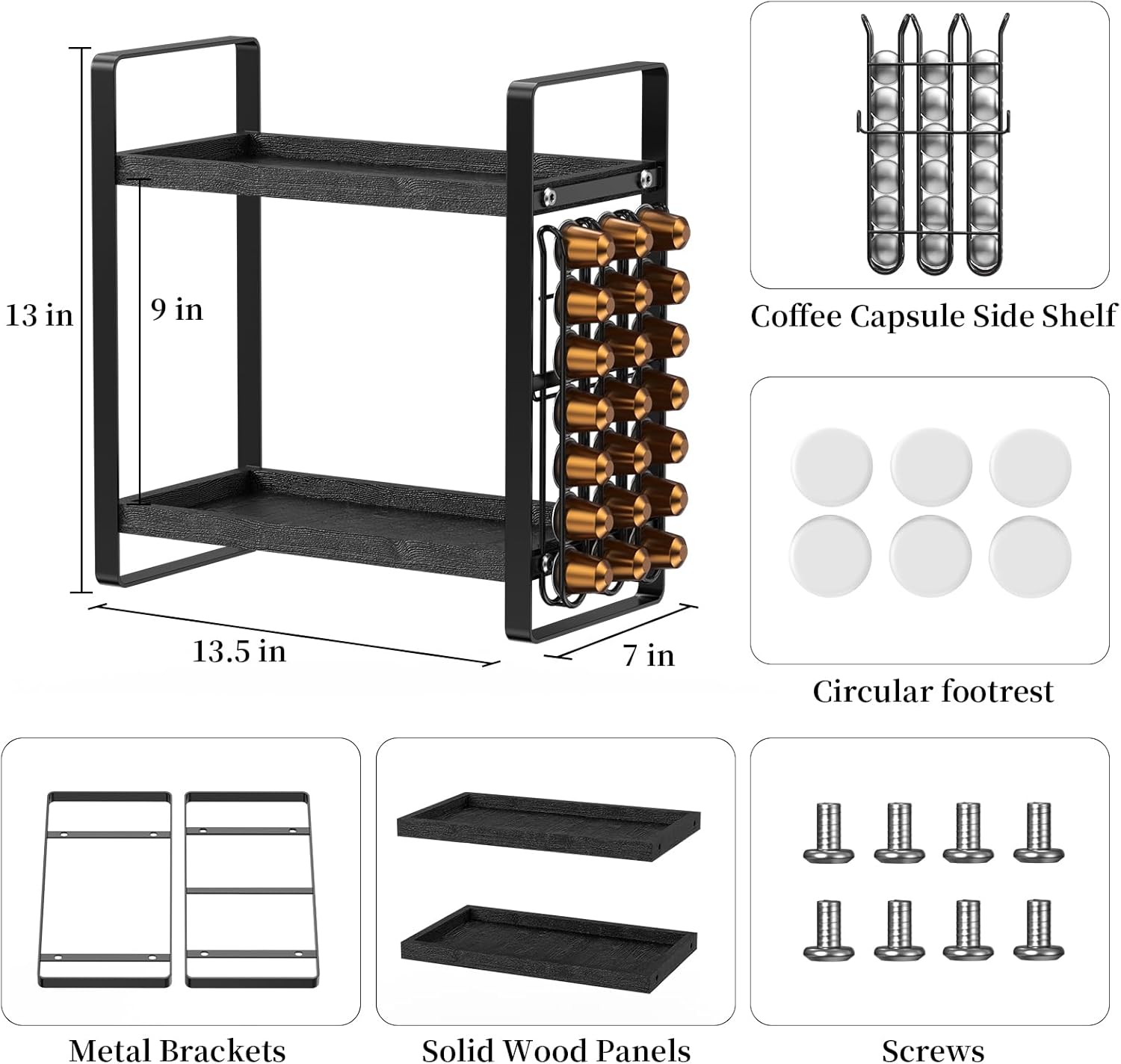 LEMIKKLE Coffee Station Organizer,Compatible with Nespresso Classic Pods 24pcs,Coffee Bar Accessories and Cup Storage Organizer, Wood Counter Shelves for Kitchen, Office, Countertop（Black