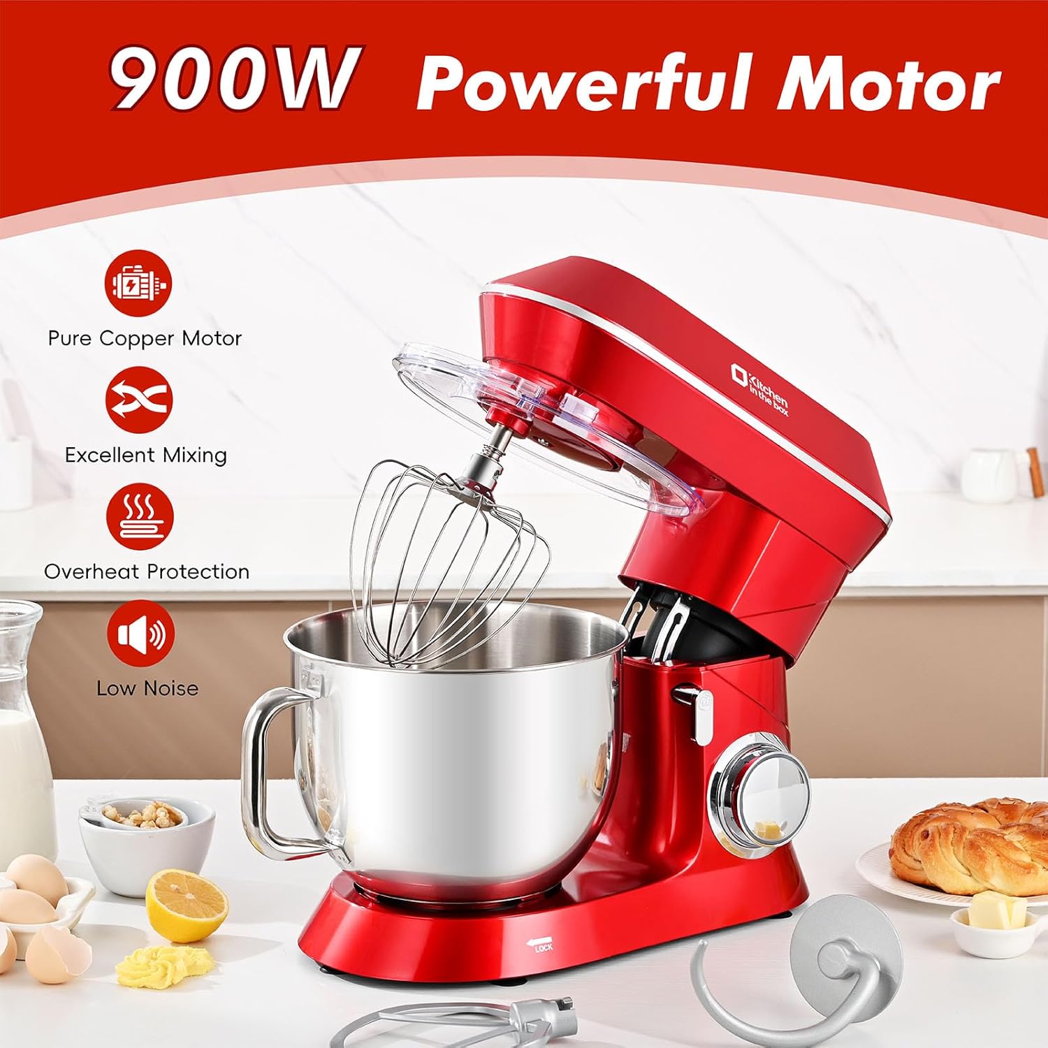 Kitchen in the box Stand Mixer, 900W 7.5QT Kitchen Electric Mixer, 6-Speed Tilt-Head Food Mixer for Baking with Dough Hook,Wire Whip,Beater (Red)